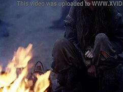 Fantasy baremaidens masturbate at the campfire, showing small tits