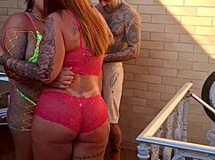 Beautiful black babe shakes ass in hotel party, pierced nipples tattooed for double penetration cum facial