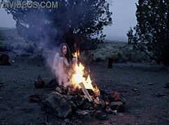 Fantasy baremaidens masturbate at the campfire, showing small tits