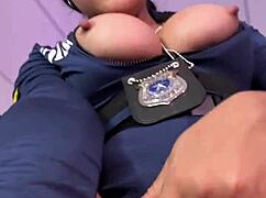 A sexy latina in military costume pauses her homemade solo to get natural tits covered in cum.