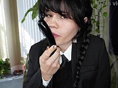 wednesday addams roleplay gets wild with yhivi taking huge dick deep. halloween costume bent over action unfolds.