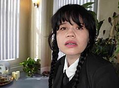 wednesday addams roleplay gets wild with yhivi taking huge dick deep. halloween costume bent over action unfolds.