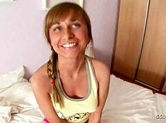 Cute blonde step-sister with blue eyes seduces for a hot suck.