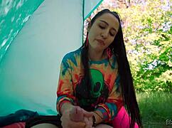 Slutty hippie jerked me off for free in her tent