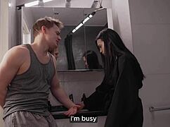 Muscular girl next door teases with monster cock