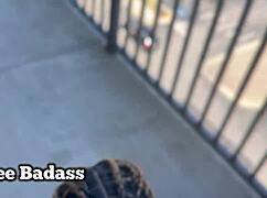 Tinee Badass, lick that ass on the balcony before getting pounded rough.