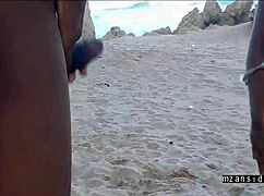 girlfriend masturbates on the beach, cumming with natural tits exposed