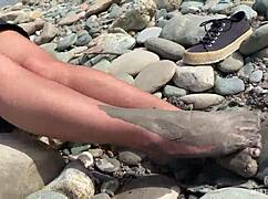 Imagine the goddess revealing her messy nylon feet in torn pantyhose by the river bank, toes wiggling close up