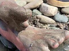 Imagine the goddess revealing her messy nylon feet in torn pantyhose by the river bank, toes wiggling close up