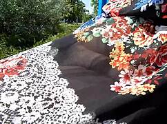 Hairy Mature Woman Teases in Transparent Dress Outdoors