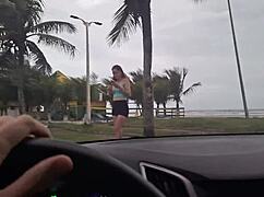 risky masturbation for pretty girl on beach sidewalk, so exciting