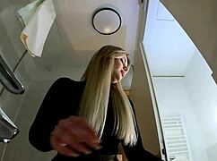 Big tits big ass blonde babe in pantyhose and heels does striptease in bathroom