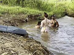 Outdoor Threesome By River With Two Women Sucking And Fucking To Cum Inside