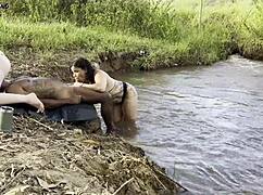 Outdoor Threesome By River With Two Women Sucking And Fucking To Cum Inside