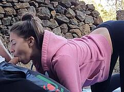 Tall brunette teen with big tits and small waist enjoys risky outdoor doggystyle sex.