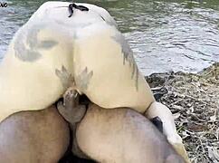Outdoor Threesome By River With Two Women Sucking And Fucking To Cum Inside