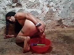 Ladyboy anal play with cucumber