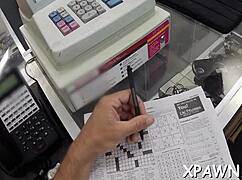 Rough sex in shop with sloppy sucking