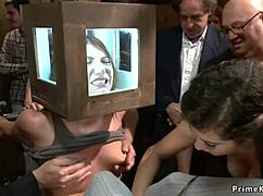 Redhead and blonde subs get public banged in lesbian anal domination