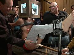 Redhead and blonde subs get public banged in lesbian anal domination