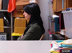 shoplifting teen gets caught backstage by a mall cop in a submissive situation