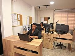 The big-boobed secretary makes a mistake in the office and has to do extra work for her muscular boss.