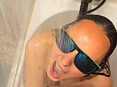 Hot wife's bath stream with blowjob and handjob.