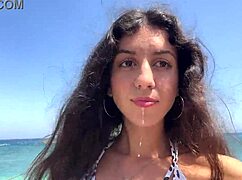 Walking on a public beach after a session. Petite 18+ babe in pov.