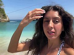 Walking on a public beach after a session. Petite 18+ babe in pov.