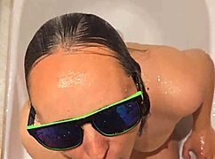 Hot wife's bath stream with blowjob and handjob.