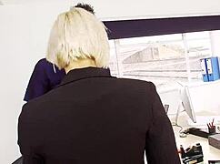 i enjoy watching femdom ffm threesome with big dick guy and two sexy girls in office