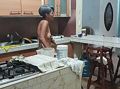 Stepsister caught dancing semi-naked in kitchen