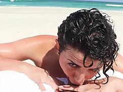 safada gives sloppy blowjob on beach in front of bathers, deepthroat hairy pussy