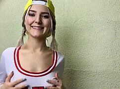 horny teases her classmate and gets covered in cum from handjob and blowjob