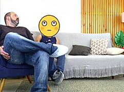 Teasing husband's friend with tasty ass and taking a cum shower