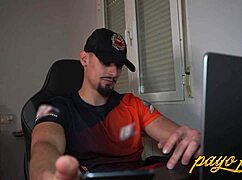 Girlfriend warms up couple during telework session.