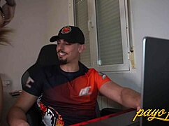 Girlfriend warms up couple during telework session.