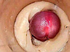 Camera deep inside tight pussy captures huge cum explosion, wet and shaved.