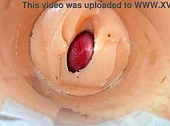 Camera deep inside tight pussy captures huge cum explosion, wet and shaved.