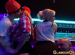 Glamour skanks riding rod in group gangbang shower