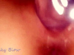 Pierced cock enters wet slutty pussy in closeup view.