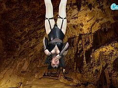 Is this bat-costumed teen's upside-down masturbation leading to an epic orgasm?