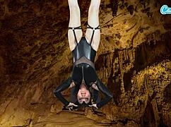 Is this bat-costumed teen's upside-down masturbation leading to an epic orgasm?