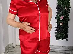 stepmom seduce stepson by striptease do blowjob and get cumshot to huge boobs