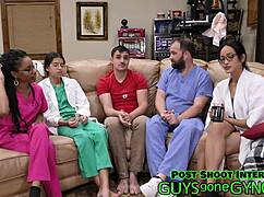 Canadian nurse in latex spreads for doctor during backstage examination