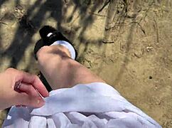 Young angler girl fishes in forest miniskirt fishnets 😏