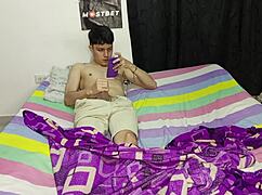 this young colombian guy masturbates watching spanish porn on his phone until his stepmom steps in to help with fucking