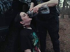 submissive cutie eats ass and piss at roadside picnic then gets rough face fucking