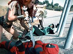 Foursome cosplay adventure with deadpool, wonderwoman, red sonja, and green lantern