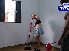 Blonde Slut Performs Deepthroat Bareback After Cleaning